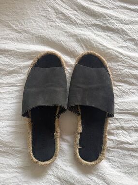 Black Leather Slide Espadrille Sandals - Women